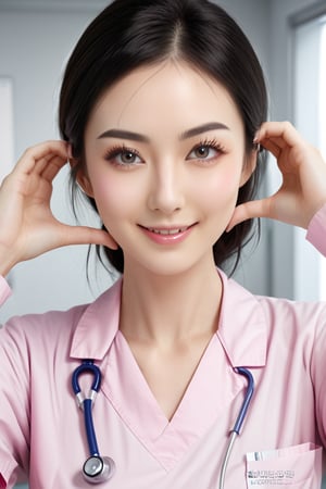 (cowboy shot), 1girl,  (cheek_heart:1.4), smiling, beautiful Japanese female nurse wearing pink nurse dress, beautiful detailed face, slim, Japanese woman, black hair, pale skin, fair skin, realistic skin, detailed cloth texture, detailed hair texture, Perfect proportion, Beautiful Face, (perfect eyes), (detailed eyes), solid circle eyes, sparkling eyes, (clean eyes), accurate, Anatomically correct, Highly detailed face and skin texture , looking at viewer, modern hospital, photorealistic