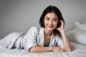 score_9,score_8_up,score_7_up, (full body shot), 1girl, lying, on side, from side, (cheek_heart:1.4), smiling, beautiful Japanese female doctor wearing white labcoat, beautiful detailed face, slim, Japanese woman, black hair, pale skin, fair skin, realistic skin, detailed cloth texture, detailed hair texture, Perfect proportion, Beautiful Face, (perfect eyes), (detailed eyes), solid circle eyes, sparkling eyes, (clean eyes), accurate, Anatomically correct, Highly detailed face and skin texture , looking at viewer , comfy bed, photorealistic