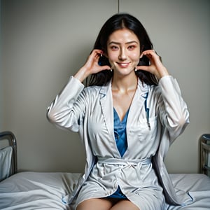 masterpiece,best quality,4k,(cowboy shot), 1girl, (cheek_heart:1.4), smiling beautiful Japanese female doctor wearing white labcoat over scrubs, sitting, beautiful detailed face, black hair, pale skin, realistic skin, detailed cloth texture, detailed hair texture, Perfect proportion, accurate, Anatomically correct, Highly detailed face and skin texture, modern hospital bed, photorealistic, realistic, looking at viewer,