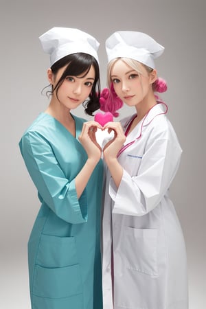 (heart hands duo), 2girls, Beautiful Japanese female doctor wearing white labcoat over teal scrubs with cute Japanese female nurse wearing pink nurse dress , beautiful detailed face, Japanese woman, pale skin, realistic skin, detailed cloth texture, detailed hair texture, Perfect proportion, Beautiful Face, accurate, Anatomically correct, Highly detailed face and skin texture , looking at viewer

