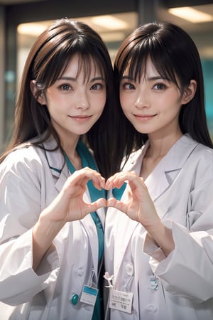 (2 girls side by side Heart Hands)), Beautiful Japanese female doctor wearing (white labcoat) and teal scrubs with cute Japanese female nurse wearing pink nurse uniform , beautiful detailed face, Japanese woman, pale skin, realistic skin, detailed cloth texture, detailed hair texture, Perfect proportion, Beautiful Face, accurate, Anatomically correct, Highly detailed face and skin texture , looking at viewer