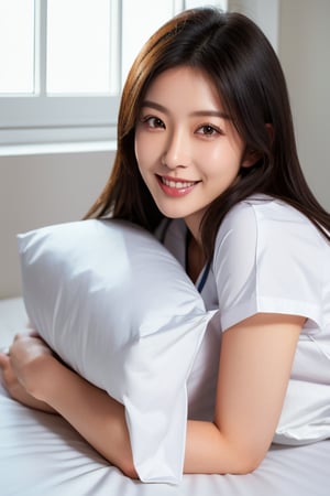  (full body shot), 1girl, (pillow hug, lying on bed, on stomach:1.4), from side, smiling, beautiful Japanese female nurse wearing nurse uniform, beautiful detailed face, slim, Japanese woman, black hair, pale skin, realistic skin, detailed cloth texture, detailed hair texture, Perfect proportion, Beautiful Face, accurate, Anatomically correct, Highly detailed face and skin texture , looking at viewer , (bright sunny day, bedroom, window), photorealistic