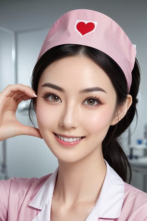 (cowboy shot), 1girl,  (cheek_heart:1.4), smiling, beautiful Japanese female nurse wearing pink nurse dress, beautiful detailed face, slim, Japanese woman, black hair, pale skin, fair skin, realistic skin, detailed cloth texture, detailed hair texture, Perfect proportion, Beautiful Face, (perfect eyes), (detailed eyes), solid circle eyes, sparkling eyes, (clean eyes), accurate, Anatomically correct, Highly detailed face and skin texture , looking at viewer, modern hospital, photorealistic