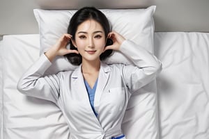 (full body shot), 1girl, lying, on side, from side, (cheek_heart:1.4), smiling, beautiful Japanese female doctor wearing white labcoat, beautiful detailed face, slim, Japanese woman, black hair, pale skin, fair skin, realistic skin, detailed cloth texture, detailed hair texture, Perfect proportion, Beautiful Face, (perfect eyes), (detailed eyes), solid circle eyes, sparkling eyes, (clean eyes), accurate, Anatomically correct, Highly detailed face and skin texture , looking at viewer , comfy bed, photorealistic. xxmixgirl,