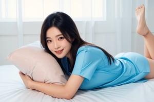  (full body shot), 1girl, (pillow hug, lying on bed, on stomach:1.4), from side, smiling, beautiful Japanese female nurse wearing teal nurse uniform, beautiful detailed face, slim, Japanese woman, black hair, pale skin, realistic skin, detailed cloth texture, detailed hair texture, Perfect proportion, Beautiful Face, accurate, Anatomically correct, Highly detailed face and skin texture , looking at viewer , (bright sunny day), photorealistic