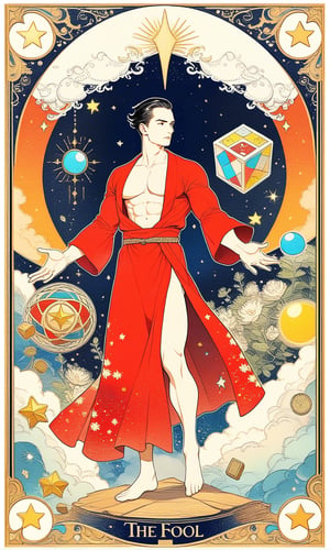 1man, wearing red robe, nude, show chest, muscles, large pectorals, black hair, hair slicked back, full body, fractal art, tarot card design, botanical illustration, classic, elegant flourishes, lofi art style, retro, cube star, (text that says "THE FOOL"), best quality, masterpiece, extremely detailed, intricate details,  ,Muscle