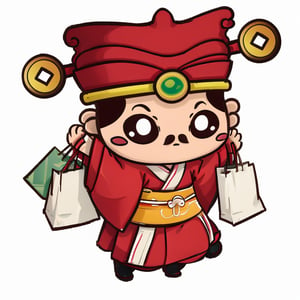 Carry a shopping bags,
(1st boy),boy,red hat,hanfu, (SUPER CHIBI), chibi:1, full_body,truechibi,stadning