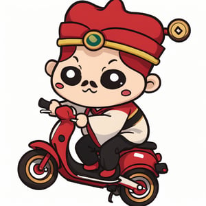 (1st boy),boy,red hat,hanfu,(simple background), (SUPER CHIBI), chibi, full_body, Standing posture,happy,(riding on a scooter:1.3),truechibi,