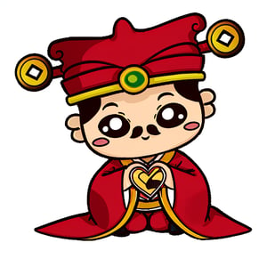 (1st boy),boy,red hat,hanfu,(background It's a big heart), (SUPER CHIBI), chibi:1, full_body,truechibi,(Sitting, holding a gold coin in one hand:0.9),1:1,happy_face