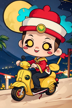 (1st boy),boy,red hat,hanfu,(simple background),//quality, (masterpiece:1.331), (detailed), ((,best quality,)),//,solo,(chibi:1.3),,(cute),//, big_eyes, 
(goggle_on_head:1.1),smile,//, (riding on a yellow scooter:1.3),//,landscape,glow_in_the_dark,(night:1.3),emo,