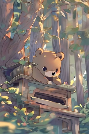 cute bear cub waking up in a forest, morning sunlight, treehouse, cartoon style, Miyagi Tatsuya art style