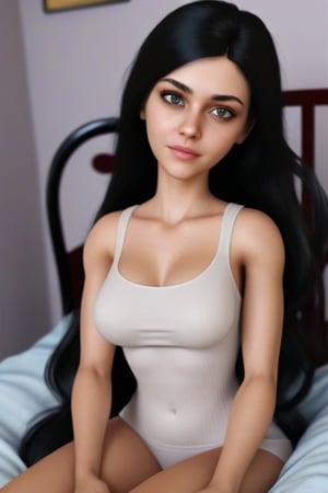 Create realistic image of Sonia face and body, he is set in a chair. beautiful looking, Sonia has a warm cute face like cubby girl, approachable face with expressive, hot black eyes, Her hair is black color long, beautiful blond black long hair, she’s in her bed in a Super realistic bedroom, make the bedroom realistic and cozy with cute decoration and some realistic plant,