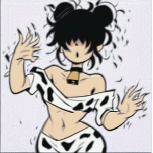 ((Pitch black hair)), mature Woman, dark black messy hair, hair reaching neck, :3, hair over eyes, cowprint swim suit, cowprint clothing, 2 buns hair style, messy hair, bare shoulders, bare stomach, light tan skin tone, all white background, facing to the side, Stomach showing, wide hips, flat stomach, small chest,