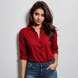 There a girl isma young hot beautiful hsdan girl Wearing red Shirt and Jeans, hot looks face features like Kama Kaif, summer look Standing locking into the camera, portrait causal phets ResPurtrat,
