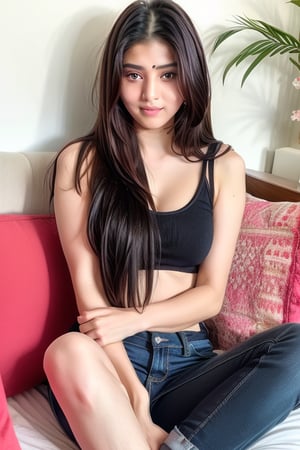 beautiful cute young attractive indian teenage girl, village girl, 18 years old, cute,  Instagram model, long black_hair, colorful hair, dacing, in home sit at  sofa, indian
