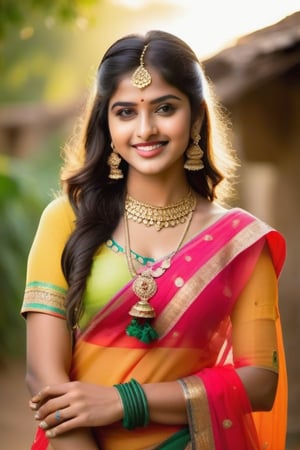 A young Indian beauty, 18 years old, confidently poses amidst the picturesque rural village setting, soft golden lighting accentuating her radiant skin and dark hair. Traditional attire shines with intricate jewelry and colorful accessories. Her charming smile and captivating gaze radiate through sassy pose. Vibrant outfit and lush greenery contrast against rustic background, modern charm on full display.
