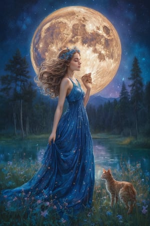 Title: "Whispered Secrets of the Celestial Felines"
In this enchanting masterpiece titled "Whispered Secrets of the Celestial Felines," we are transported to a realm where elegance and cosmic wonders intertwine. The artwork features a young girl adorned with cat ears, dressed in a ruffled dress adorned with bows, as she embarks on a captivating journey through a starlit city sanctuary.
The girl stands amidst a breathtaking landscape, where the celestial and earthly realms merge harmoniously. Her presence, with the whimsical cat ears and a dress inspired by Art Nouveau, emanates grace and allure, perfectly complementing the ethereal atmosphere that envelops her.
The scene unfolds beneath a dazzling night sky, adorned with celestial wonders. Intricate geometric patterns and zentangle motifs weave through the air, paying homage to the beauty of Art Nouveau. The night sky becomes a tapestry, showcasing the mystical constellations of feline forms, depicting the graceful cats that dwell among the stars.
Within this celestial menagerie, the girl's gaze is drawn to a celestial telescope, inviting her to explore the secrets of the cosmos. With a sense of wonder and curiosity, she peers through the telescope, her eyes filled with awe. The telescope becomes a portal to celestial realms, inviting viewers to join her in a journey of astronomical discovery.
As she immerses herself in the night sky, the moon radiates an ethereal glow, casting its enchanting light upon the nocturnal landscape. Its mystical presence adds an aura of wonder and magic, enhancing the allure of the scene.
The girl finds herself in a serene campsite amidst a grassy plain, illuminated by the warm glow of lanterns. The campfire crackles, casting flickering shadows that dance upon the elegant Art Nouveau-inspired elements of the surroundings. The air is filled with tranquility, inviting contemplation and a connection with nature.
The art style employed in this masterpiece draws inspiration from the Art Nouveau movement, paying tribute to the iconic style of Alphonse Mucha. The intricate details, flowing lines, and organic forms captivate the eye, creating a harmonious blend of elegance and cosmic whimsy.
"Whispered Secrets of the Celestial Felines by kyo8sai 2024-06-15" invites viewers to embrace the beauty of the night sky and the enchantment of nature. The girl, with her cat ears and graceful presence, becomes a conduit for our own sense of wonder and exploration. This artwork captures the essence of a dreamlike tableau, where the celestial and artistic realms intertwine, whispering the secrets of the celestial felines and inviting us to embark on a mystical journey through the stars.