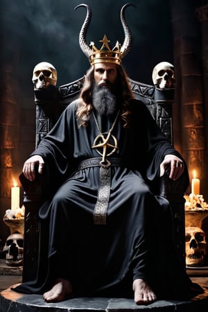 an evil looking old man with long dark beard and wrinkle on his forehead is sharply looking toward front. The man has a long dark wavy hair and extremely pale skin with expressionless, corpse-like face. He is wearing a long black robe that covers his entire body which spans down to his feet. The man is wearing an inverted pentagram necklace and is wearing a crown that looks like a coiled snake on his head. He is sitting on a demonic throne made of bones situated high on top of mounted skulls while holding sceptre in his left hand. The throne is located in a dark chamber with no light. 4k, highres, realistic, photorealistic, demonic, satanic, hellish, gloom, dark, mytholocial.
