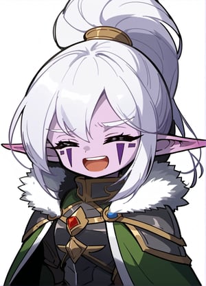 score_9, score_8_up, score_7_up, masterpiece,original,blank background,Simple background,1girl, Maiev Shadowsong,Frieren,ponytail,closed eyes,happy,open mouth,long hair,armor,colored skin,eyes mark,facial mark,night elf, pauldrons, cape, gauntlets, fur trim,white hair, ponytail, upper body, shoulder armor, gauntlets, armor,maplestory_style,nightelf, pointy ears, (arms_crossed:0.9),