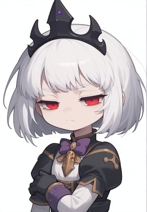 score_9, score_8_up, score_7_up, masterpiece,original,upper body,portrait,blank white background,1girl,solo,Yankee girl,Orphea, tiara, white hair, short hair, red eyes, gown, puffy sleeves, black gloves, purple bow,(annyoed,disdain,half closed eyes:1.1),big hair,arrogant,(disgust:0.2),