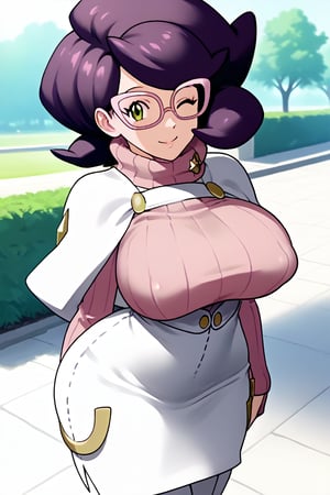 source_anime, masterpiece, best quality, solo, 1girl, wicke \(pokemon\), green eyes, purple hair, short hair, big hair, glasses, pink-framed eyewear, looking at viewer, outdoors, day, huge breasts, closed mouth, park, light smile, happy, standing, seductive_pose, narrow_waist, slim, skirt, long sleeves, boots, sweater, turtleneck, thigh boots, white footwear, white skirt, ribbed sweater, turtleneck sweater, viewed_from_above, official_art, official_art_style, official_style, anime screencap, puffy nipples, wink