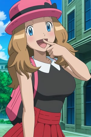 source_anime, masterpiece, best quality, solo, 1girl, serena_v1, long hair, hat, pink headwear, looking at viewer, outdoors, day, large breasts, open mouth, town, happy, light smile, standing, seductive_pose, narrow_waist, slim, skirt, sleeveless, black shirt, viewed_from_side, hand on hip, fingers on mouth