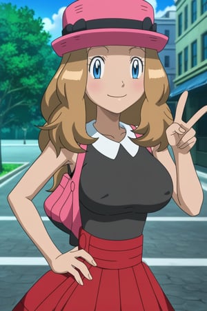 source_anime, masterpiece, best quality, solo, 1girl, serena_v1, long hair, hat, pink headwear, looking at viewer, outdoors, day, large breasts, closed mouth, street, happy, light smile, standing, seductive_pose, narrow_waist, slim, skirt, sleeveless, black shirt, hand on hip, v-gesture, puffy nipples