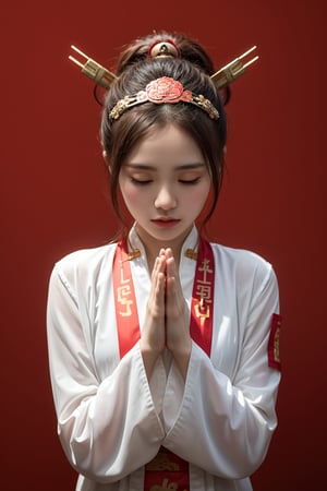 A Chinese ancient beauty is praying, with hands clasped together, eyes closed in silence, wearing a solemn yet beautiful expression, Red Background, poakl