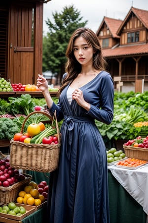 A medieval girl in traditional dress, vegetables and fruits, at a farmer's market, mysterious medieval, masterpiece,High detailed,CrclWc,Detail,Half-timbered Construction,INK art,watercolor,photorealistic,poakl