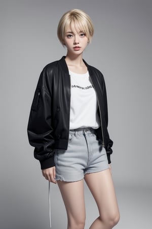 Best quality, masterpiece, ultra high res, (photorealistic:1.4), raw photo, korea girl 22 year old, blond sleek pixie shorts hair style, wearing oversize black jacket bomber m1, shorts bluejeans, white sneaker, solid grey background,photorealistic,poakl, 