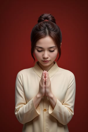 A Chinese ancient beauty is praying, with hands clasped together, eyes closed in silence, wearing a solemn yet beautiful expression, Red Background, poakl