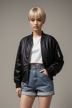 Best quality, masterpiece, ultra high res, (photorealistic:1.4), raw photo, korea girl 22 year old, blond sleek pixie shorts hair style, wearing oversize black jacket bomber m1, shorts bluejeans, white sneaker, solid grey background,photorealistic,poakl, 