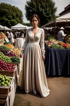 A medieval girl in traditional dress, vegetables and fruits, at a farmer's market, mysterious medieval, masterpiece,High detailed,CrclWc,Detail,Half-timbered Construction,INK art,watercolor,photorealistic,poakl