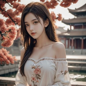 (xxmix girl woman), photo of a woman, beautiful face, princess, detailed off-shoulder gown , photographic style, upper body, selfie ,ancient China palace,xxmix girl woman