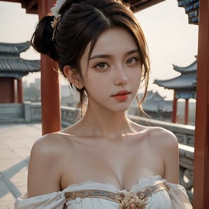 (xxmix girl woman), photo of a woman, beautiful face, princess, detailed off-shoulder gown , photographic style, upper body, selfie ,ancient China palace,xxmix girl woman,breastfeed