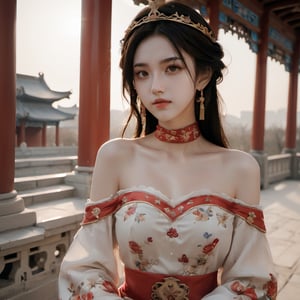 (xxmix girl woman), photo of a woman, beautiful face, princess, detailed off-shoulder gown , photographic style, upper body, selfie ,ancient China palace,xxmix girl woman,armpitslicking