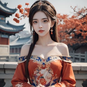 (xxmix girl woman), photo of a woman, beautiful face, princess, detailed off-shoulder gown , photographic style, upper body, selfie ,ancient China palace,xxmix girl woman, ,