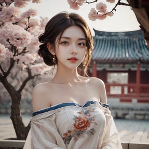 (xxmix girl woman), photo of a woman, beautiful face, princess, detailed off-shoulder gown , photographic style, upper body, selfie ,ancient China palace,xxmix girl woman