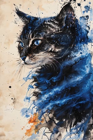 (masterpiece,best quality,realistic,), cat, no humans, solo, colorful paint splatter, blue eyes, colorful ink wash painting, animal focus, colorful theme, colorful, looking at viewer,colorful background, ,ink, ink smoke,