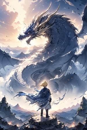 1boy, solo, ,link1,link,blonde hair,medium hair,side locks,short pony tail,pointy ears, large cape on the back forming wings, next to a dragon
, in the sky, ruined temple of light
, sky children of the light, 1girl, Hayao Miyazaki style, Azur Lane
, ((twilight)), natural lighting (natural light:1.3)
, cinematic lighting, wide view
, ((masterpiece, best quality, very aesthetic, absurdres)), 
, ((high vibrant, high contrast, dropped shadow)), depth of field, dynamic cinematic view
, masterpiece, best quality, very aeshetic, absurdres, beautiful landscape