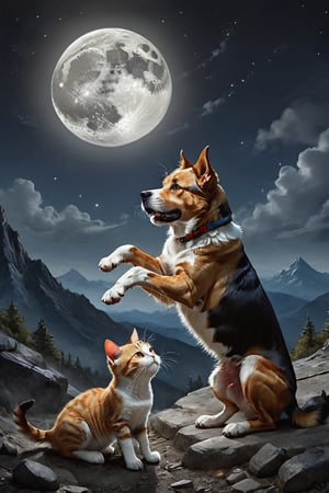  On a moonlit night a dog and a cat were fighting with each other. While fighting they both fell down from a mountain.