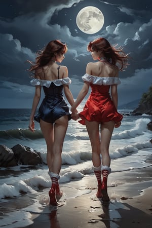 There is a girl who is wearing a mini stocking, its color is red and white, she is walking with another girl on the sea shore holding hands in the moonlight and both are looking very beautiful like a sexy boy and sexy girl and the waves of the sea are seen raising a storm