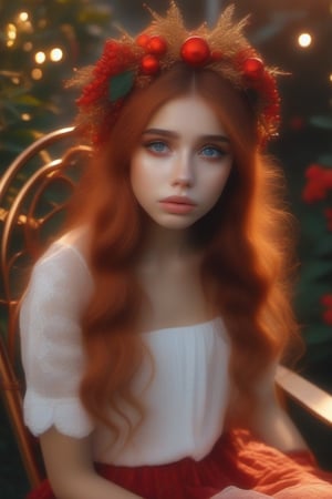 4k hd quality a beautyful Sad girl,DonMB4nsh33XL ,Apoloniasxmasbox\  There is something like a golden red colour hairband on her hair sitting on a chair in a garden