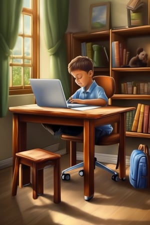 the bes quailty of realistic image. create image a studing table with sitting a boy chair with on a laptop 