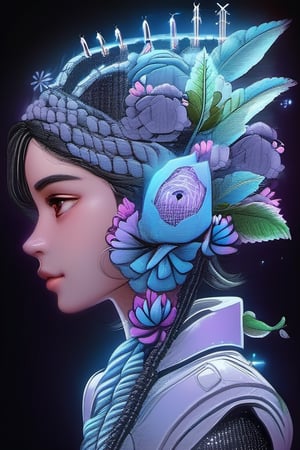 1girl, solo, short hair, blue eyes, simple background, black hair, hair ornament, upper body, flower, parted lips, mole, from side, lips, eyelashes, mole under eye, profile, glowing, leaf, black background, portrait, pink flower, science fiction, nose, purple flower, cable