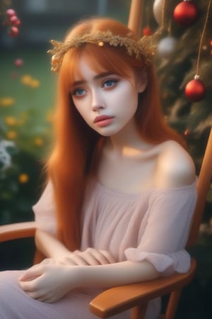 4k hd quality a beautyful Sad girl,DonMB4nsh33XL ,Apoloniasxmasbox\  There is something like a golden red colour hairband on her hair sitting on a chair in a garden show in garden free space