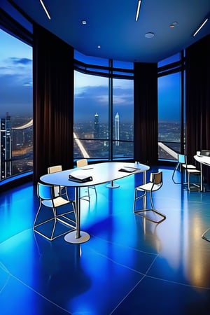 there is a very beautiful city in which there are many tall buildings. The outside viwe of any building is visible from which the building from which this view is visible has an office room chamber in which five chairs and a table are placed and the office light is set in depresssion. A unique type of light is installed on the floor whose color is blue and white light.