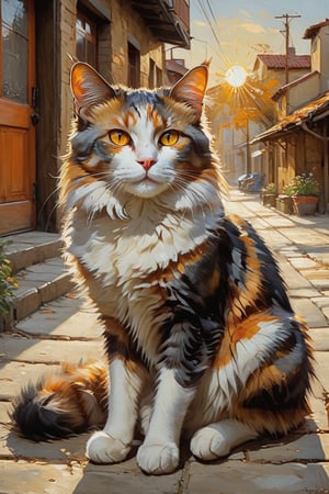 A majestic calico cat lounges in a sun-drenched alleyway, its fur rendered in exquisite oil painting detail. Vibrant hues of orange, white, and grey dance across the feline's coat, as if kissed by the brushstrokes of Van Gogh himself. The cat's eyes gleam with an inner light, while the surrounding stones and wooden beams are textured with meticulous care. The warm glow of the setting sun casts a gentle, golden ambiance, illuminating every strand of fur and every whisker.