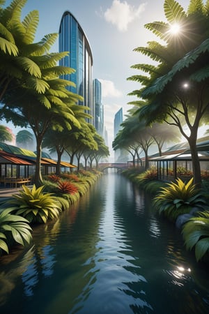 high quality, 8K Ultra HD, (((naturally interacting with the environment:1.5))),(((seamless:1.5))),((strong environmental light)),((hard shadows)), futureies city moke realistic funtastic city modern city, (city of the future) colourful funtastic magical creativite of nature landloard plant landloar plant trees and trees big trees ,island