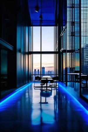 there is a very beautiful city in which there are many tall buildings. The outside viwe of any building is visible from which the building from which this view is visible has an office room chamber in which five chairs and a table are placed and the office light is set in depresssion. A unique type of light is installed on the floor whose color is blue and white light.